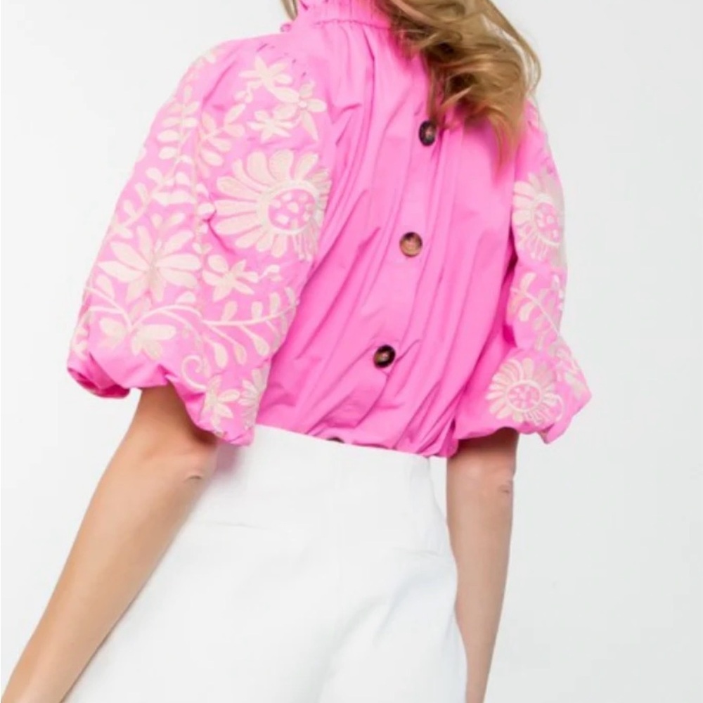Hot Pink Embroidered Puff-Sleeve Blouse